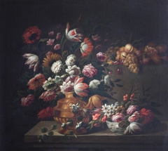 Tulips, Roses and other Flowers in a Golden Vase and in a Porcelain Bowl, and Fruit on a Pedestal by Anonymous