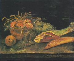 Still life with apple basket, meat and bread rolls by Vincent van Gogh