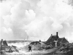 Visserswoningen in de duinen, in de verte de zee by Johannes Christiaan Schotel