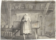 Vrouw gebogen over een lange kist in een interieur by Harmen ter Borch