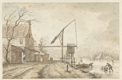 Winterlandschap met huizen en hefboom langs bevroren vaart by Jacob Cats 1741-1799