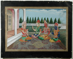 Yudhistra receives Arjun and two others on a terrace by Anonymous