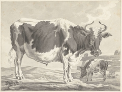 Zwartbonte stier en een varken by Jacob Elias van Varelen