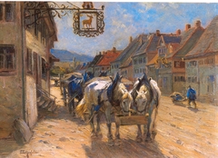 Zwei Gespanne vor dem "Hirsch" by Friedrich Eckenfelder