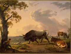 A bull attacked by a dog in an Italian landscape by Hendrik Voogd