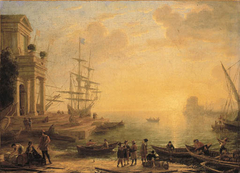 A capriccio of an Italianate harbour at sunset by Claude Lorrain