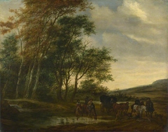 A Landscape with a Carriage and Horsemen at a Pool by Salomon van Ruysdael