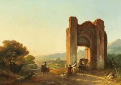 A Romantic Landscape with Mauritanian Ruins and Figures by François Bossuet