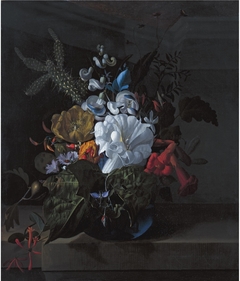 A Still Life with Devil's Trumpet, a Cactus, a Fig Branch, Honeysuckle and Other Flowers in a Blue Glass Vase by Rachel Ruysch