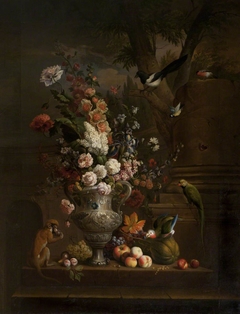 A Vase of Flowers with Fruit, a Monkey and Birds on a Terrace by Jakob Bogdani