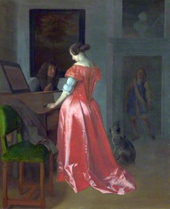 A Woman standing at a Harpsichord, a Man seated by her by Jacob Ochtervelt