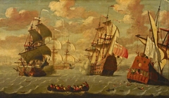 Action between an English ship and three French ships by British School