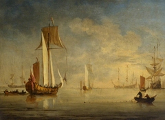 An English Royal Yacht under sail with a fishing boat laying a net by Willem van de Velde the Younger