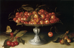 Cherries in a silver compote with crabapples on a stone ledge and a fritillary butterfly by Fede Galizia