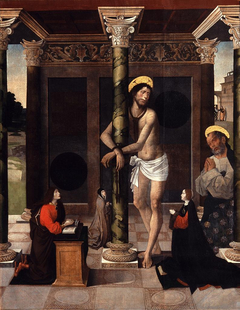 Christ tied to the column with Saint Peter and the donors by Alejo Fernández