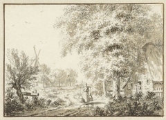 Dorpsgezicht met vrouw met juk by Jacob Cats 1741-1799