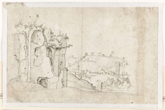 Een ongeïdentificeerde ruïne in Rome; op de achtergrond een deel van de Romeinse stadsmuur by Maarten van Heemskerck