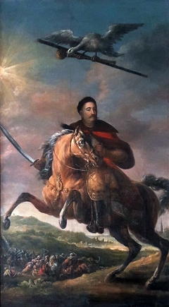 Equestrian portrait of John III Sobieski against the battle of Vienna. by Anonymous