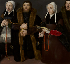 Familieportret uit de Van Beverenkapel in de Grote Kerk met Pieter van Beveren en zijn beide echtgenotes Alid Muys van Holy en Engelbertha van der Lindt by Anoniem