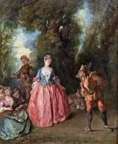 Fête galante représentant une dame dansant avec Pulcinella by Nicolas Lancret