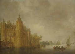 Figures in a rowing boat on a wide river before a large castle by Jan van Goyen