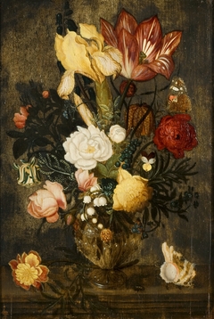 Flowers in a square glass. by Ambrosius Bosschaert