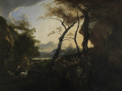 Forest landscape with a peasant and his herd by Adam Pynacker