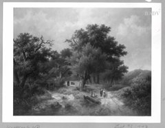 forest-scenery with figures + watermill by Barend Cornelis Koekkoek