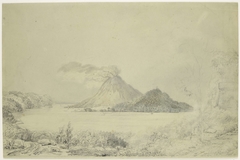 Gezicht vanuit Lontar op Banda Neira en rokende Gunungapi, Banda-eilanden, Centraal-Molukken by Adrianus Johannes Bik