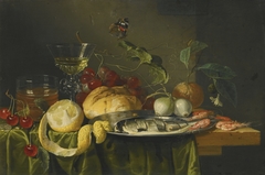 Herring and Onions, with a Glass of Beer, Glass of Wine, Lemon, Grapes and Orange by Jan Davidsz. de Heem