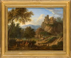 Hilly landscape with elegant company by Eglon van der Neer