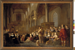 Interieur van de Grote of Laurentiuskerk te Weesp tijdens een eredienst by Gijsbert Sibilla