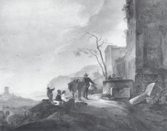 Italian Landscape with Figures at a Fountain among Antique Ruins by Thomas Wijck