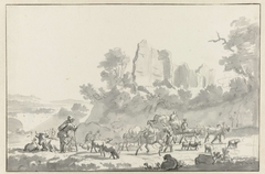 Italianiserend landschap met herder en lastdieren by Adriaen van de Velde