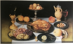 Laid table with goblet holder and roast chicken by Georg Flegel