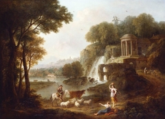 Landscape with a Temple and Cascade, Figures and Cattle by Francesco Zuccarelli