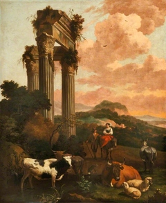 Landscape with Figures, Cattle and Sheep among Classical Ruins by Abraham Begeyn