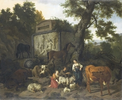 Landscape with Herdsmen and Cattle near a Tomb by Dirck van Bergen