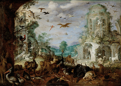 Landschaft mit Tieren (Im Hintergrund: Orpheus und die thrakischen Weiber) by Roelant Savery