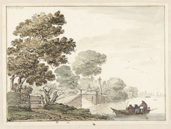 Landschap met een houten brug en bomen langs een vaart by Wigerus Vitringa