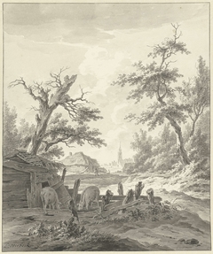 Landschap met op de voorgrond een varkenskot by Leendert Overbeek