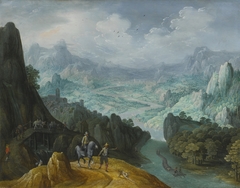 Mountainous river landscape with travelers by Tobias Verhaecht