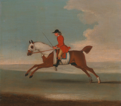 One of Four Portraits of Horses - a Chestnut Racehorse Exercised by a Trainer in a Red Coat: galloping to the left, the horse wearing white sweat covers on head, neck and body by Anonymous