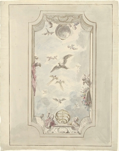 Ontwerp voor een plafondschildering met gezicht langs balustrade in de lucht met vogels by Dionys van Nijmegen