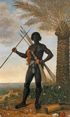 Portrait of a black man with spears and assegai