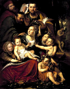 Portrait of a family as Caritas with a self-portrait of the artist; in the background John the Baptist preaching by Werner van den Valckert