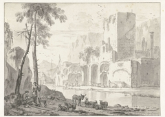 Ruïnes aan een rivier by Adriaen van der Kabel