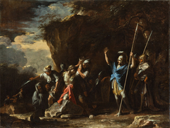 Scene from Greek history- The deaf-mute son of King Croesus prevents the Persians from killing his f... by Salvator Rosa