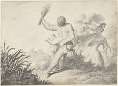 Scène uit de Commedia dell'Arte met jongen die slaag krijgt van een man by Gerardus Josephus Xavery