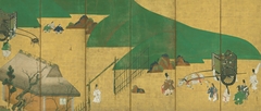 Scenes from Sekiya (The Barrier Gate) and Miotsukushi (Channel Markers) chapters of The Tale of Genji by Tawaraya Sōtatsu